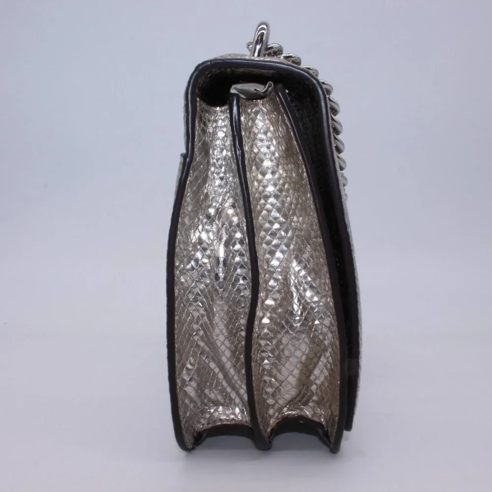 Michael Kors Silver Snake Mott Leather Chain Swag Shoulder Crossbody Bag Purse